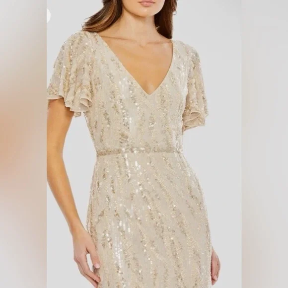 *Mac Duggal Sequined V-neck Flutter Sleeve Midi Length Dress Size 4 Style 93591C - Picture 2 of 8